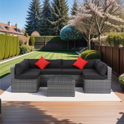Streamdale 5-Piece PE Rattan U Sofa Set with Black Cushion