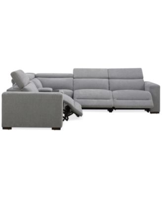 Nevio 5-Pc. Fabric Power Headrest L-Shape Sectional and Console with 3 Power Motion Chairs