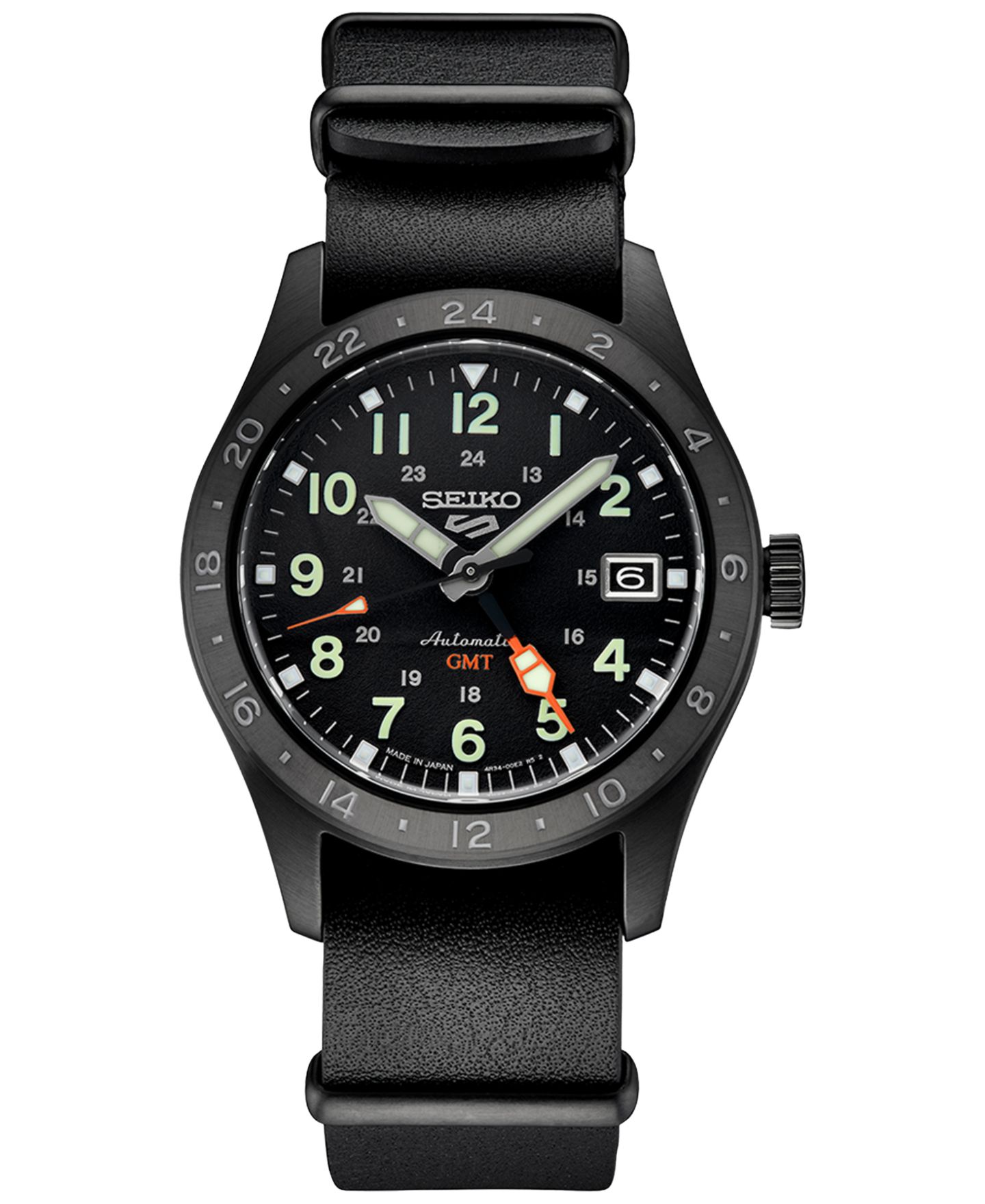 Мужские часы Seiko Automatic 5 Sports GMT Black Leather Strap Watch 39mm — фото 1