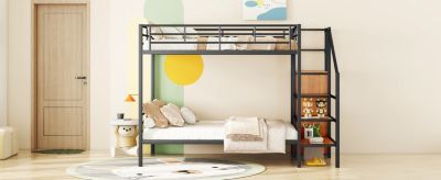 Metal Bunk Bed With Lateral Storage Ladder And Wardrobe