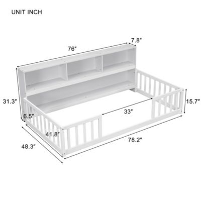 Twin Floor Bed With Bedside Bookcase, Shelves, Guardrails