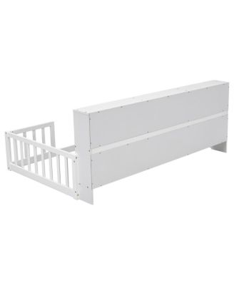 Twin Floor Bed With Bedside Bookcase, Shelves, Guardrails