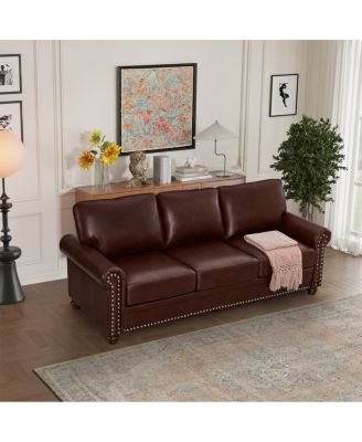 Classic Living Room Nails Sofa Burgundy Faux Leather
