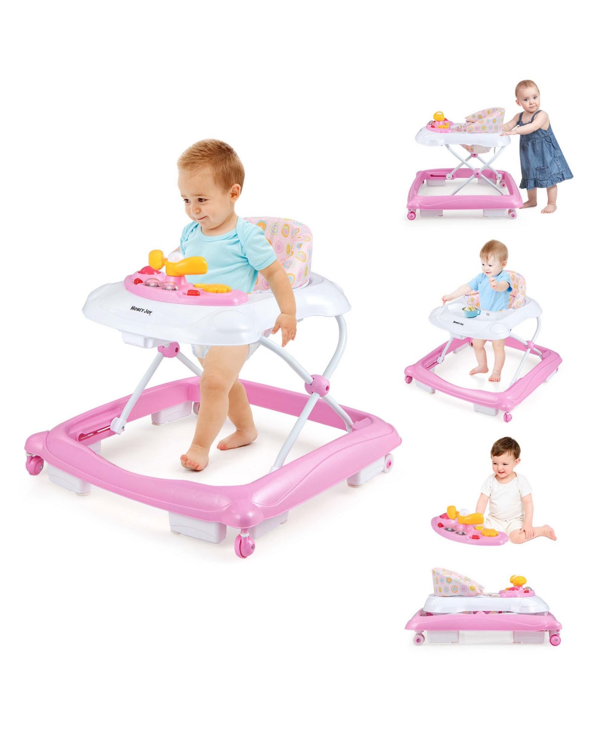 Costway Foldable Baby Walker with 3 Adjustable Heights Comfy Padded Seat Music Tray