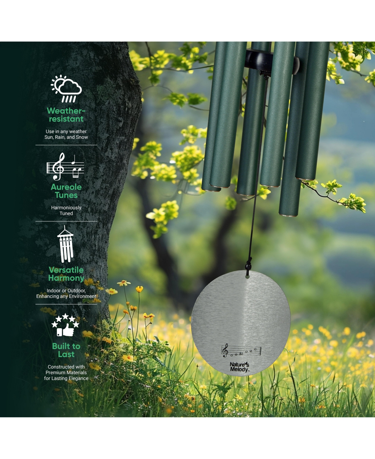 Nature's Melody Aureole Tunes Wind Chimes - 6-Tube Outdoor Windchime, B Pentatonic Scale - Inch