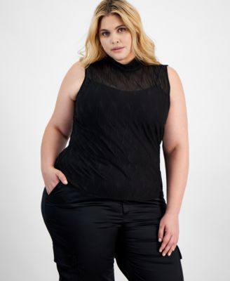 Bar III - Trendy Plus Size Textured Mesh-Overlay Tank Top