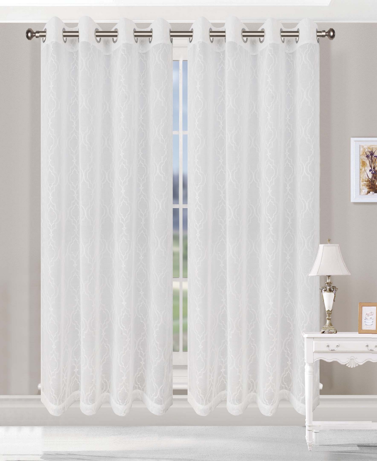 Superior Modern Embroidered Imperial Trellis Sheer 2-Piece Curtain Panel Set with Grommet Header Top, 52