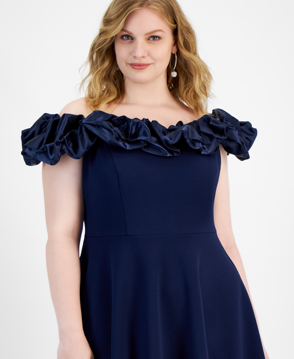 B Darlin Trendy Plus Size Ruffled Off-the-shoulder Dress In Navy,navy