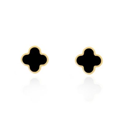 Small Onyx Clover Stud Earrings 14K Yellow Gold