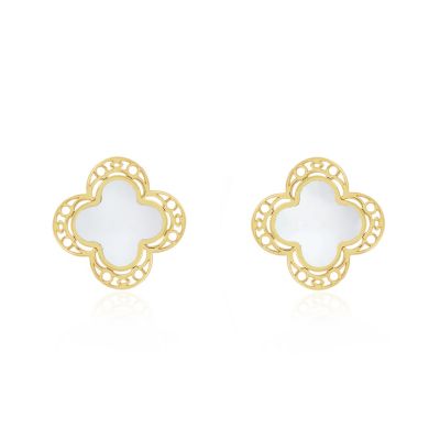 Mother of Pearl Lace Clover Stud Earrings 14K Gold