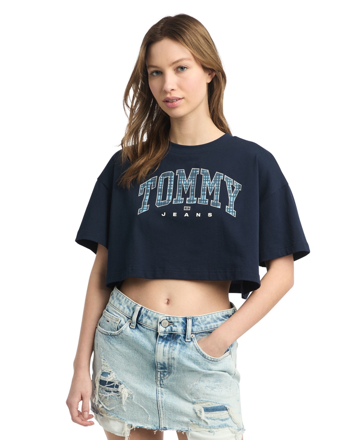 Women's Cotton Oversized Cropped Tartan Graphic T-Shirt - DARK NIGHT NAVY