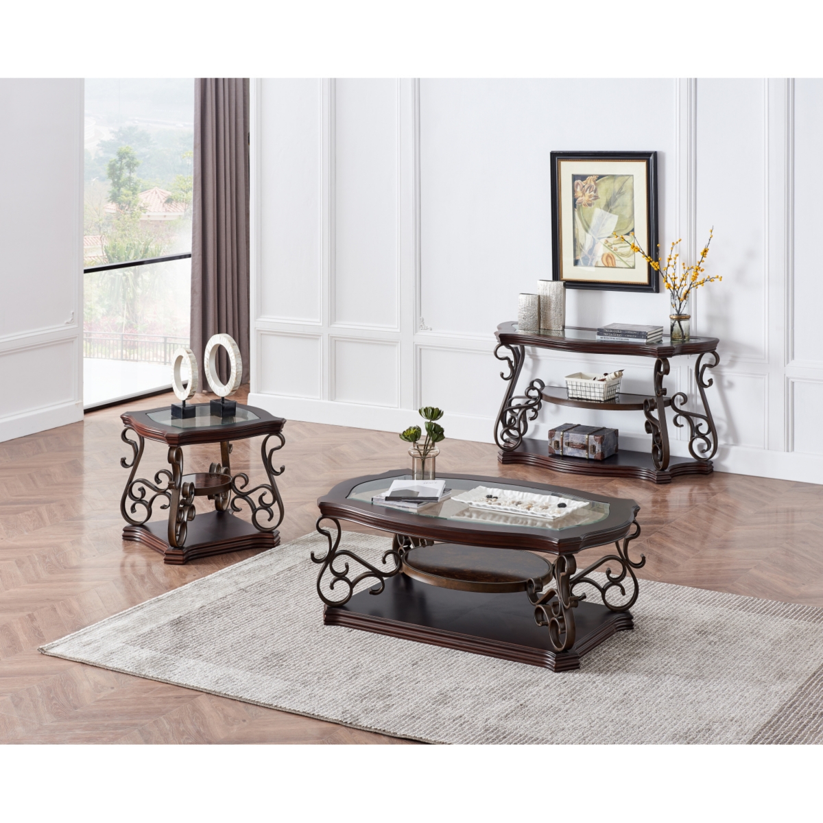 Streamdale Glass Top End Table with Marble Shelf and Metal Legs