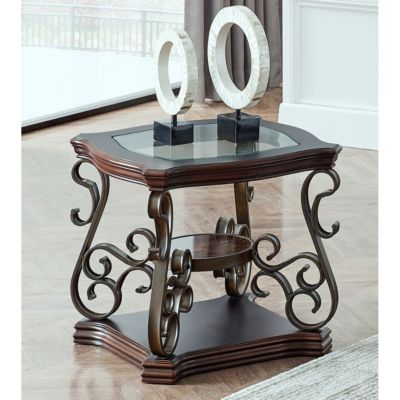 Streamdale Glass Top End Table with Marble Shelf and Metal Legs
