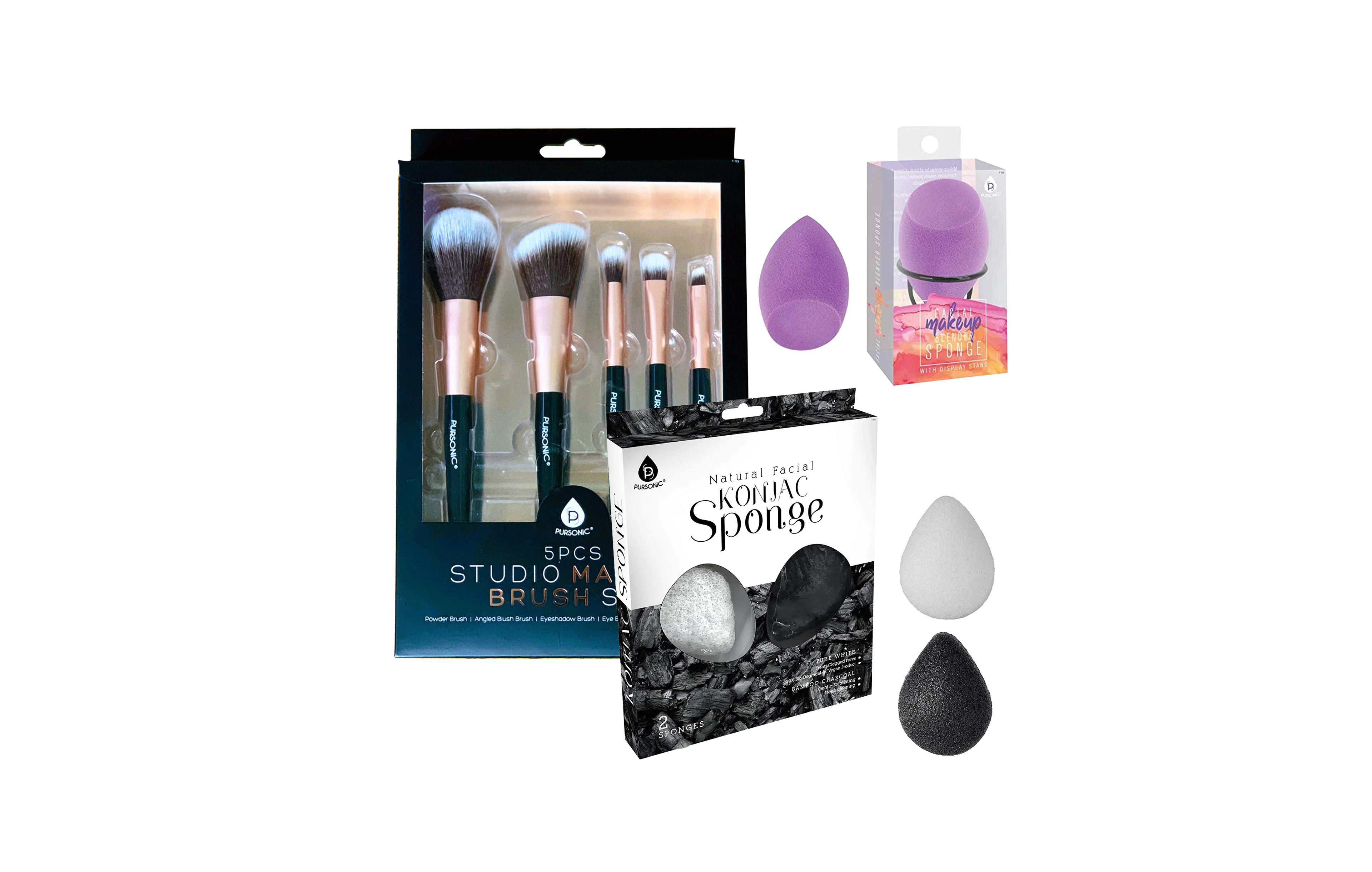 Pursonic Essential Beauty Trio: Makeup Blender, Konjac Sponges, & Studio Brush Set