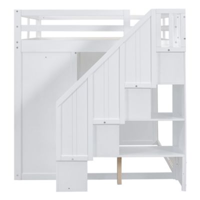 Full Size Wood Loft Bed With Built-In Wardrobes, Cabinets And Drawers