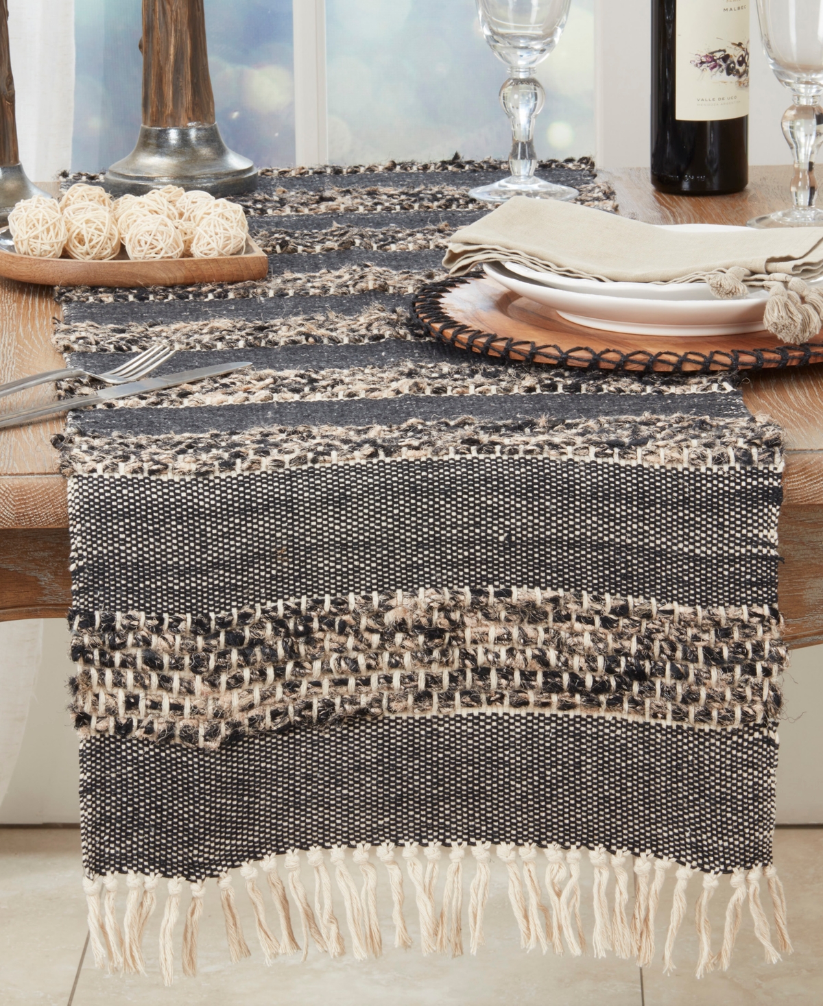 Saro Lifestyle Tassel Trimmed Stripes Table Runner, 16"x72" In Black,natural