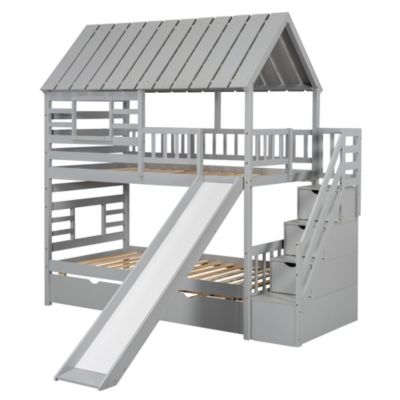 House Bunk Bed with Trundle, Slide, Storage stairway