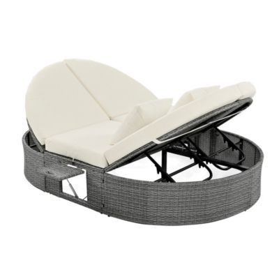 Gray Rattan Outdoor Daybed with Cushions and Cup Trays