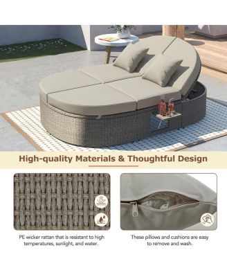 Gray Rattan Outdoor Daybed with Cushions and Cup Trays