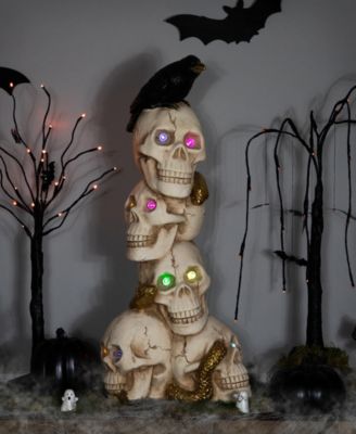 27.5" LED Lighted Skull Tower with Raven Halloween Decoration