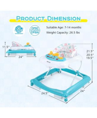 Foldable Baby Walker with 3 Adjustable Heights Comfy Padded Seat Music Tray