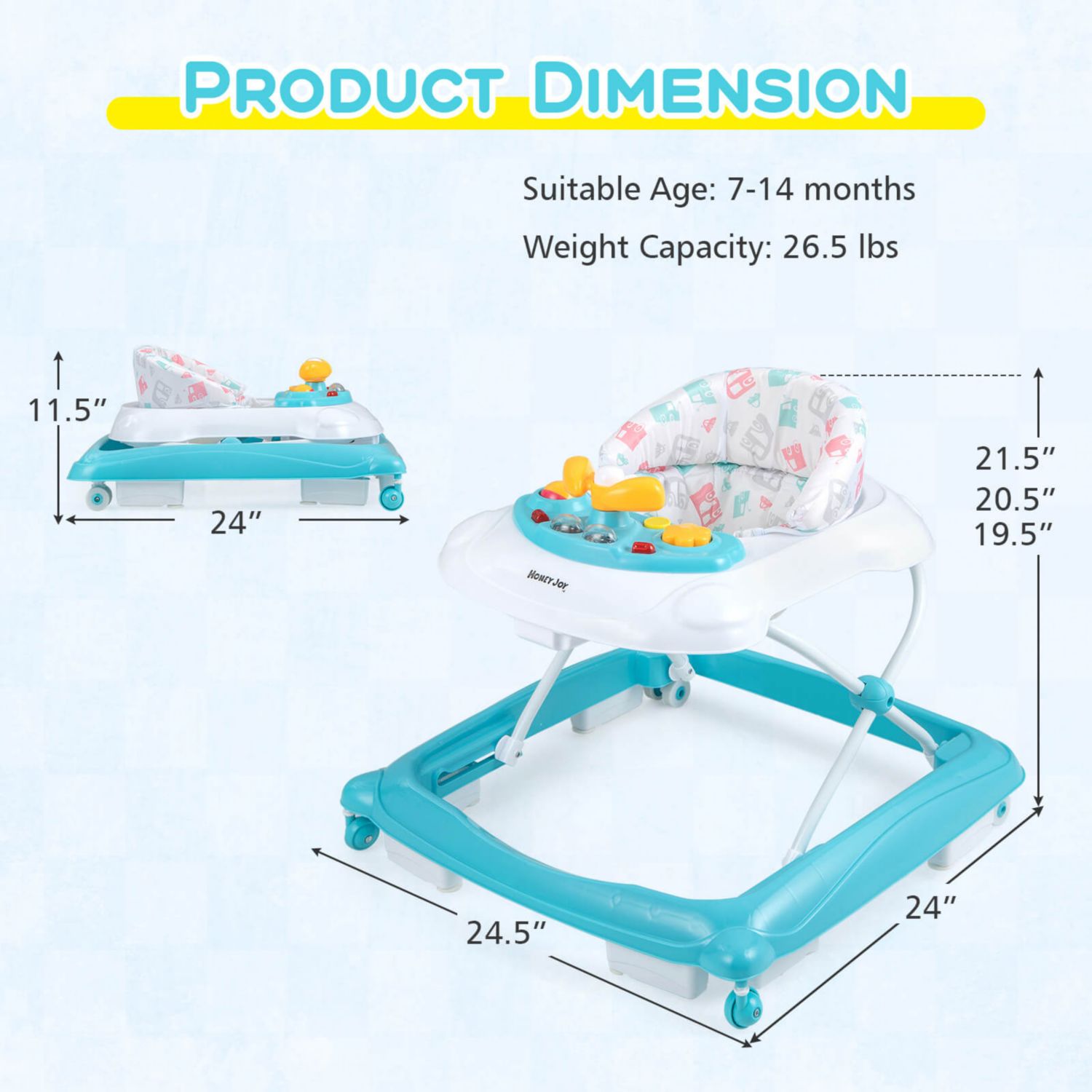 Foldable Baby Walker with 3 Adjustable Heights Comfy Padded Seat