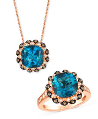 Deep Sea Blue Topaz Diamond Double Halo Pendant Ring Collection Set In 14k Rose Gold