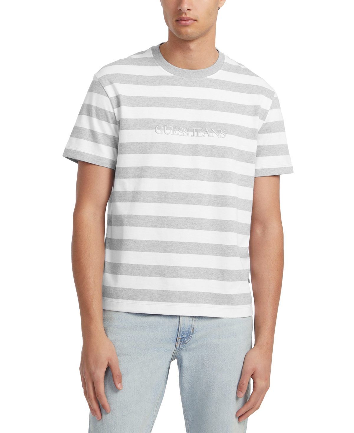 Guess Jeans Men s Regular Fit Stripe Embroidered Logo Graphic T Shirt White and Grey Stripes Smart Closet