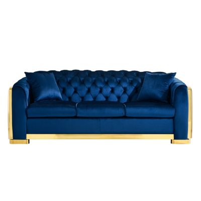 Streamdale Navy Blue Velvet Sofa Set with Gold Stainless Legs