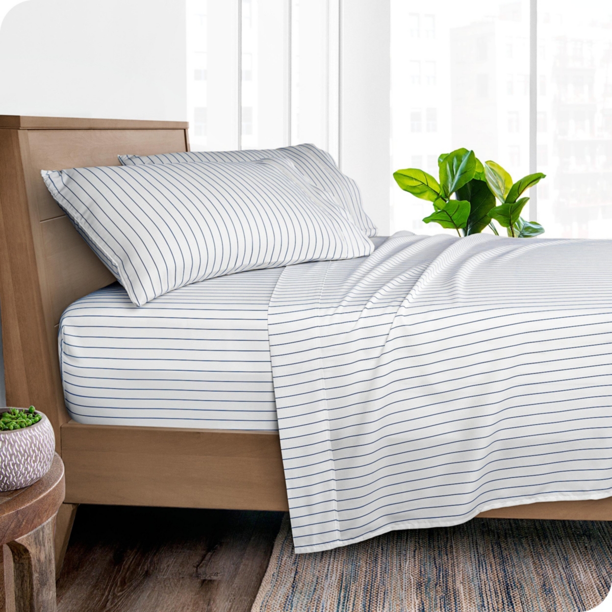 Bare Home Ultra-Soft Double Brushed Print Sheet Set - Pinstripe - white/midnight blue