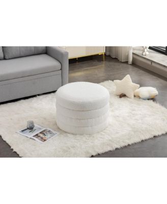 Ivory Boucle Ottoman with Wooden Shelves
