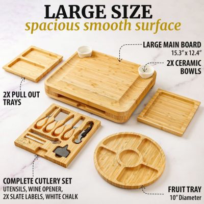 Premium Bamboo Cheese Board Deluxe Set with 4 Piece Knife Set
