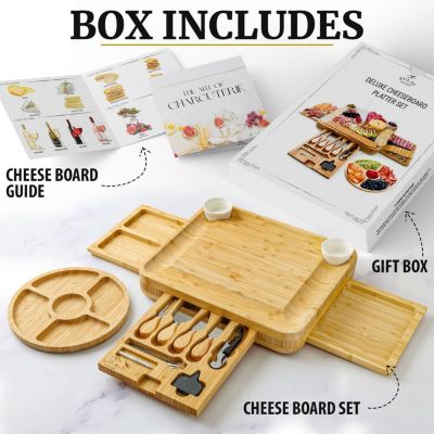 Premium Bamboo Cheese Board Deluxe Set with 4 Piece Knife Set