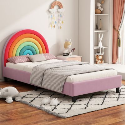 Twin Platform Bed with Colorful Rainbow Design