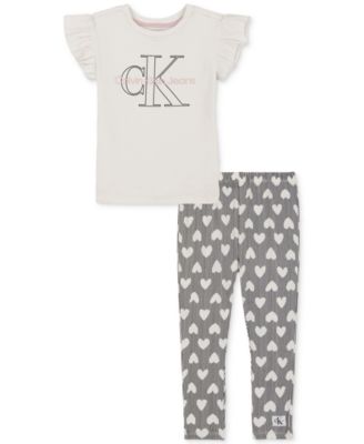 Calvin Klein - Toddler Girls Jersey Flutter-Sleeve Logo Top & Heart-Print Leggings, 2 Piece Set
