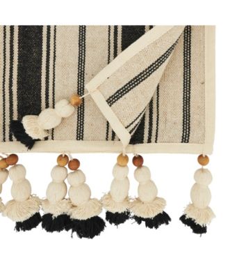 Wood Bead Tassel Trimmed Stripe Table Runner, 13"x72"