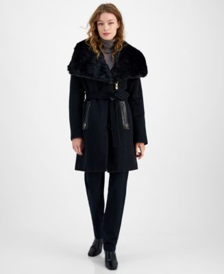 KARL LAGERFELD PARIS Women's Belted popular Faux-Fur-Collar Coat