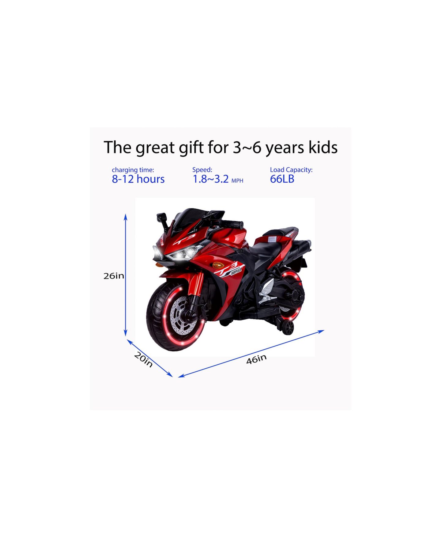Детская игрушка Streamdale Furniture 12V Kids Ride-On Motorcycle with Training Wheels and Built-In Music, 3–7 лет, цвет: Красный — фото 8