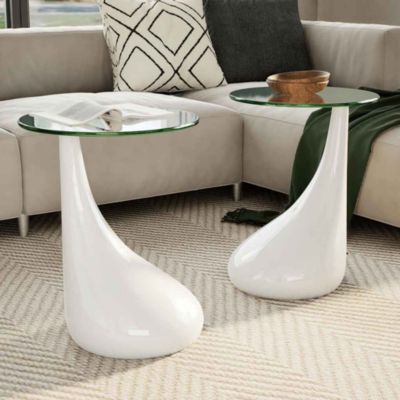 Coffee Table Set of 2 High Gloss White Fiberglass, Tempered Glass