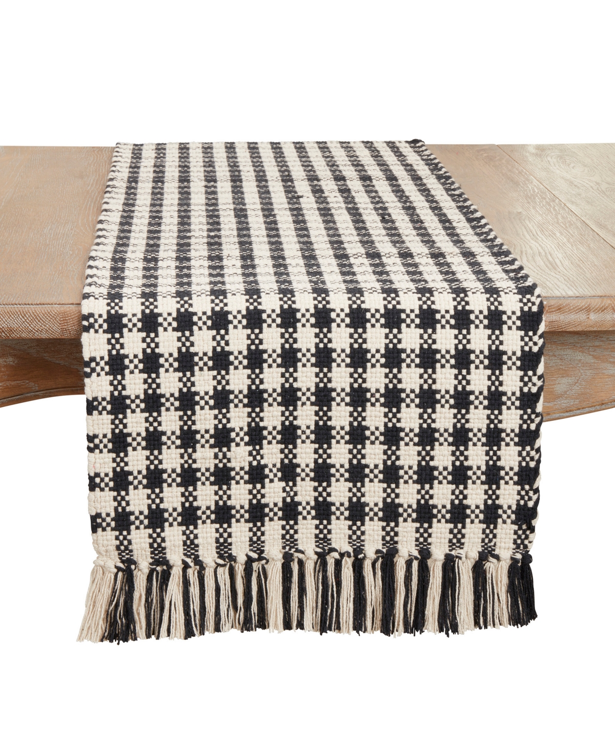 Saro Lifestyle Classic Houndstooth Fringe Table Runner, 16"x72" In Black,white
