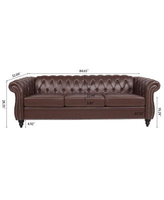 84" PU Rolled Arm Chesterfield Three Seater Sofa