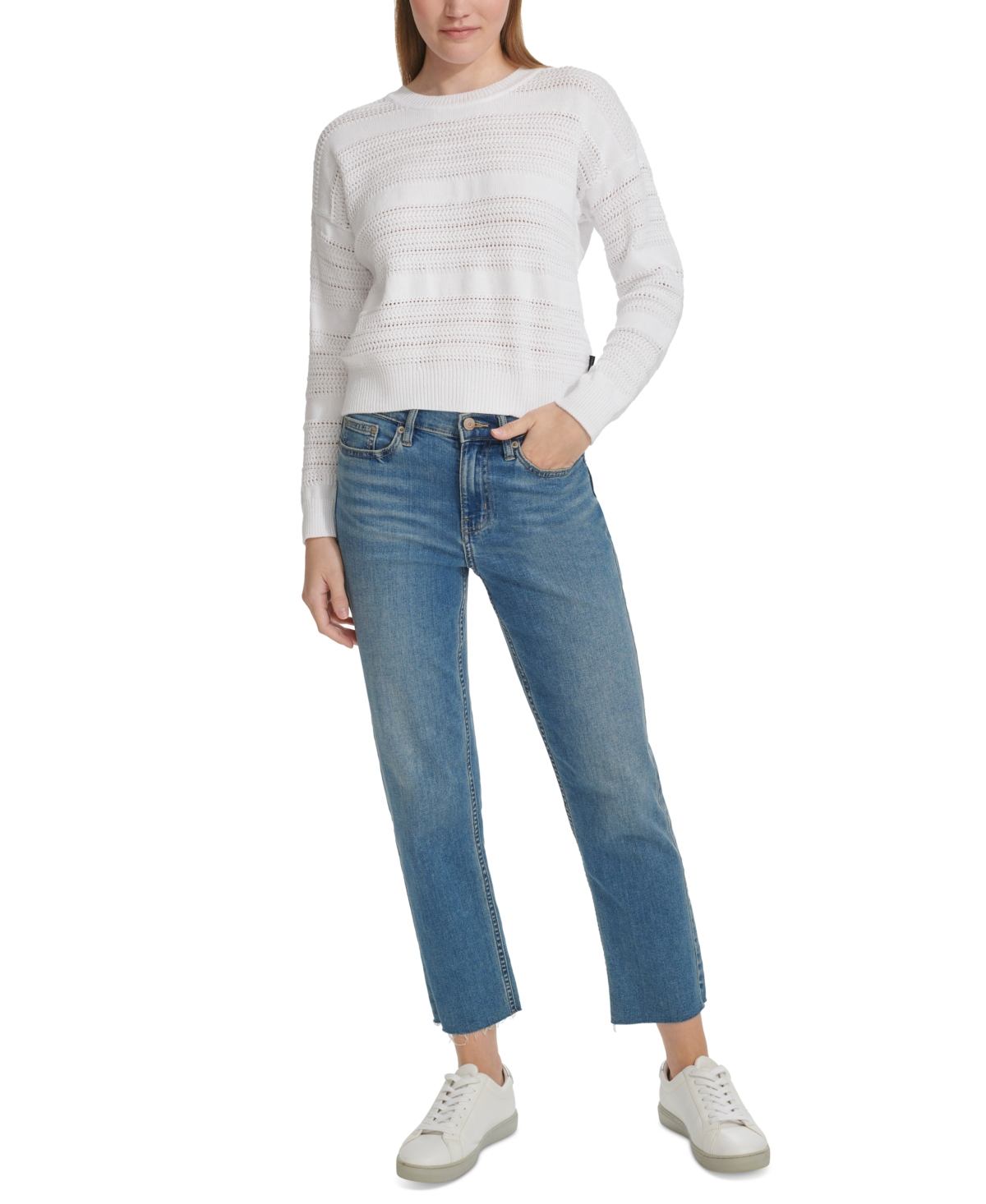 Calvin Klein Jeans Petite Cotton Textured Pointelle Sweater