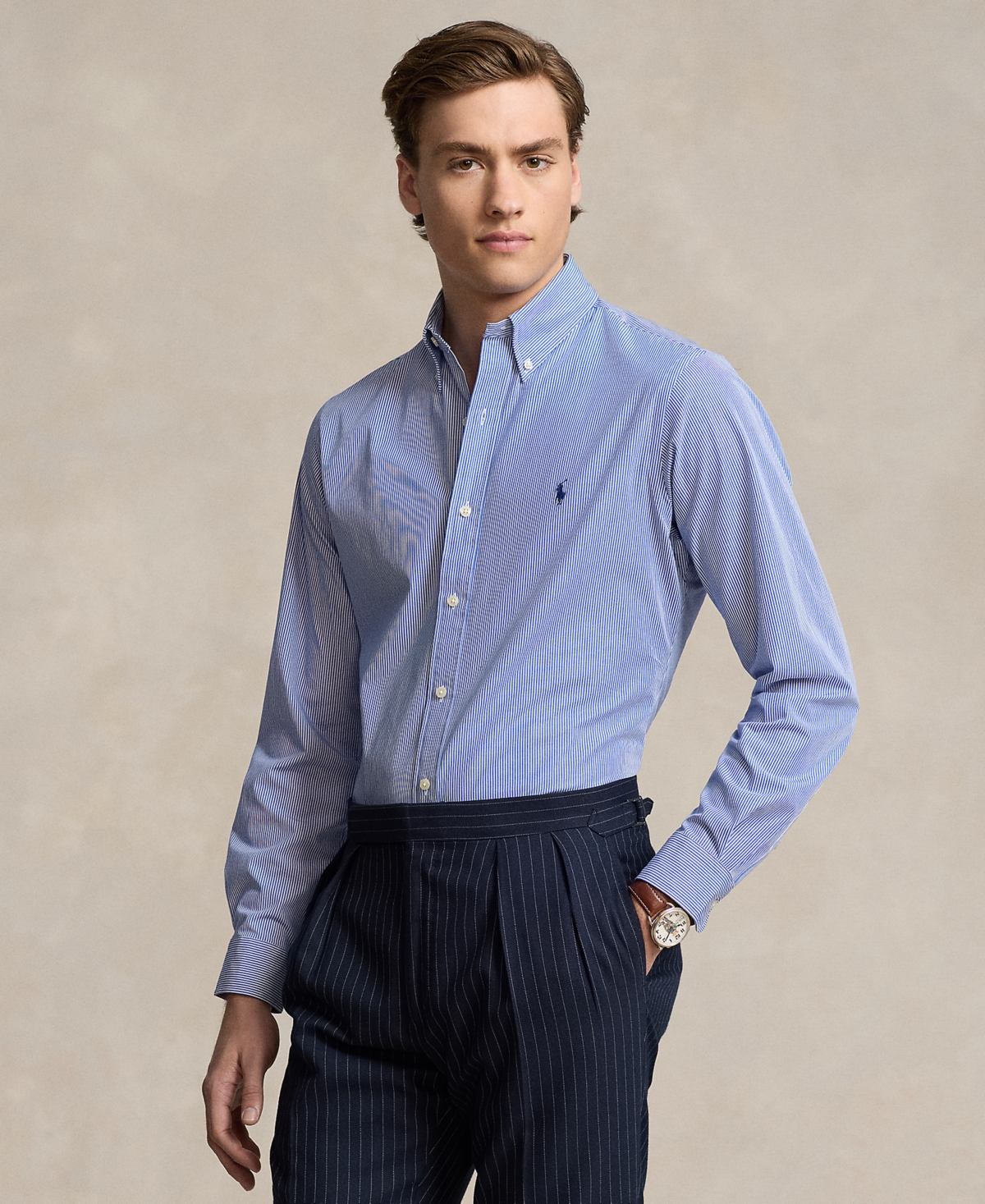 Polo Ralph Lauren "tailored" Button-down Collar Shirt With Pleated Back In Blue,white Hairline Stripe