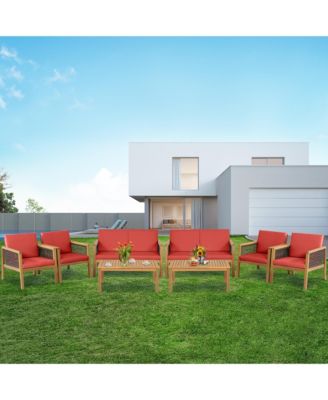 8PCS Patio Acacia Wood Furniture Set PE Rattan Conversation Set w/ Red Cushions