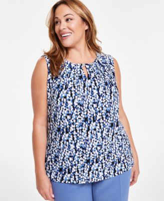 Kasper - Plus Size Printed Pleat-Neck Keyhole Sleeveless Blouse