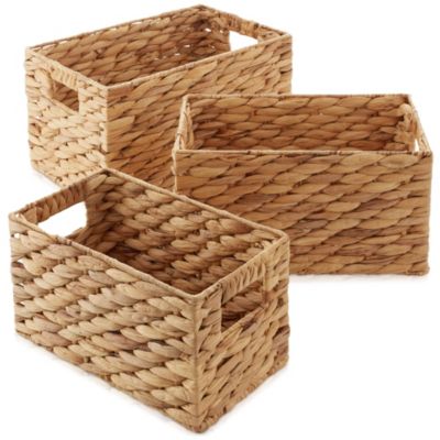 Set of 3 Water Hyacinth Storage Baskets with Handles - Small, Medium, and Large Woven Nesting Storage Bin Organizers for Shelves