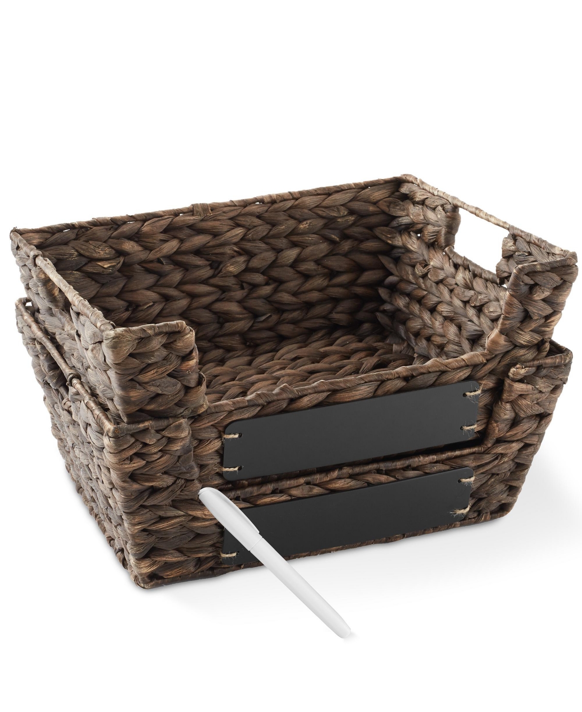 (Set of 2) Water Hyacinth Pantry Baskets with Handles and Chalkboard Labels - Espresso, Wide Woven Storage Baskets for Kitchen Shelves - Nat