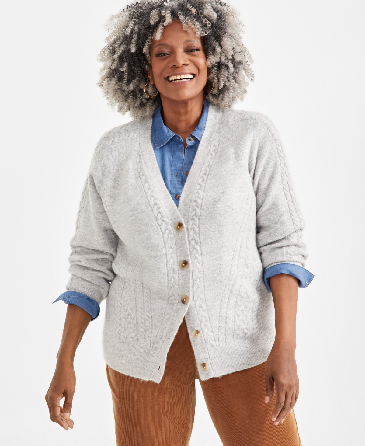 Style & Co Plus Size Shimmer Sequin Cable-knit Cardigan, Created For Macy's In Earl Grey Heather