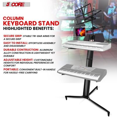 2 Tier Column Keyboard Stand Riser Piano Holder Heavy Duty Aluminium Built Attached Adjustable Music & Mic Stands Height 51.2 Inch for 61 76 88 Keys Foldable Easy to Carry in Bag