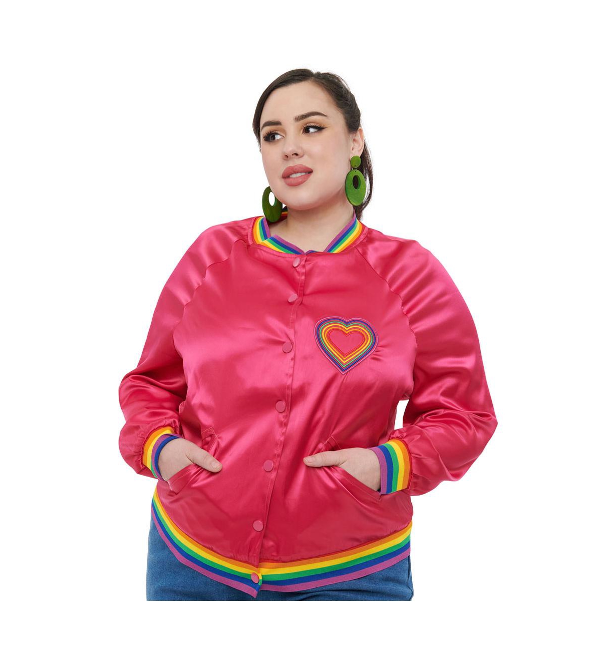 Plus Size Satin Bomber Jacket - Hot pink  rainbow